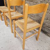 Set of 4 vintage pine and rush chairs