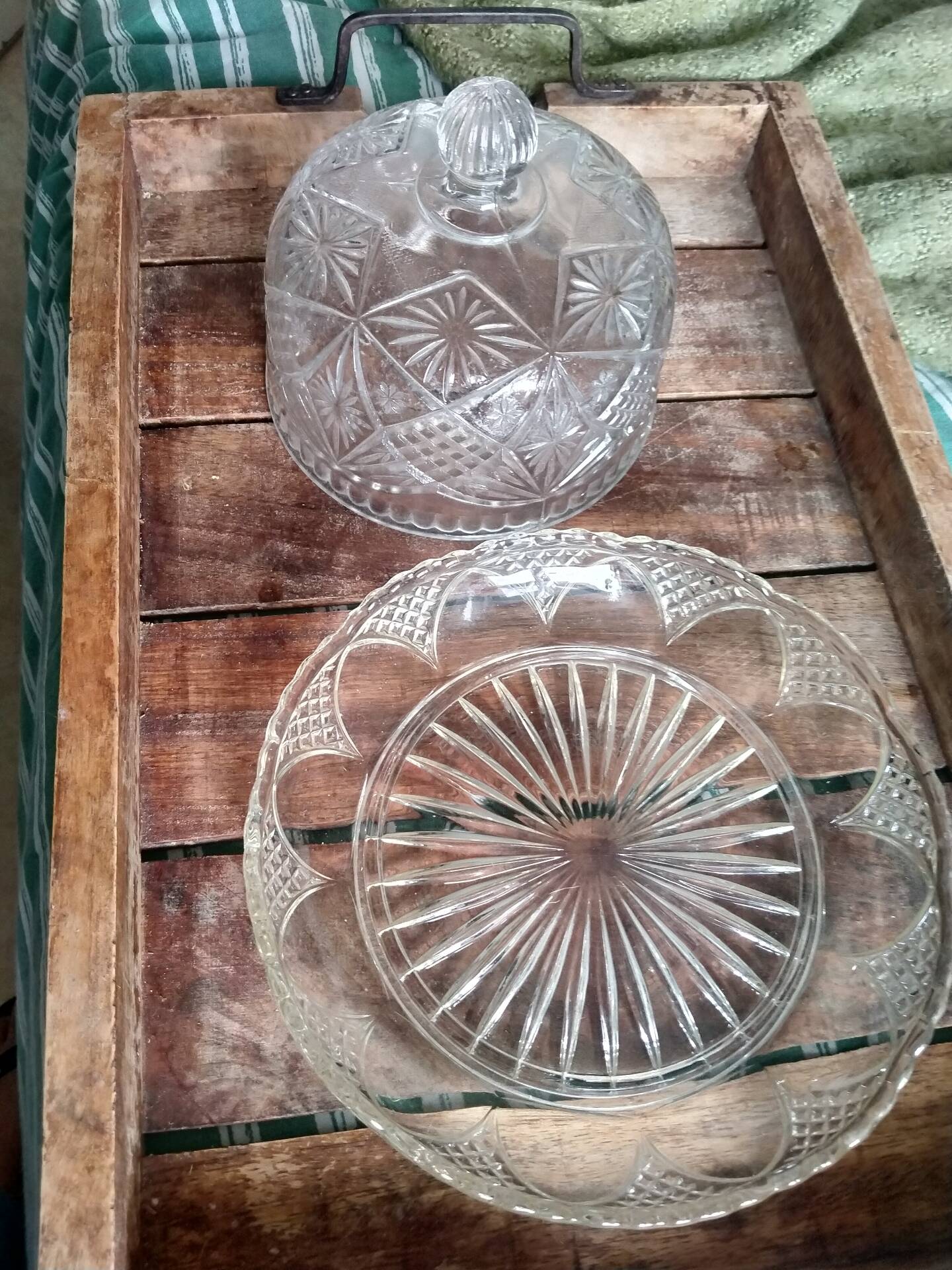 Vintage glass cheese dome with diamond cut.