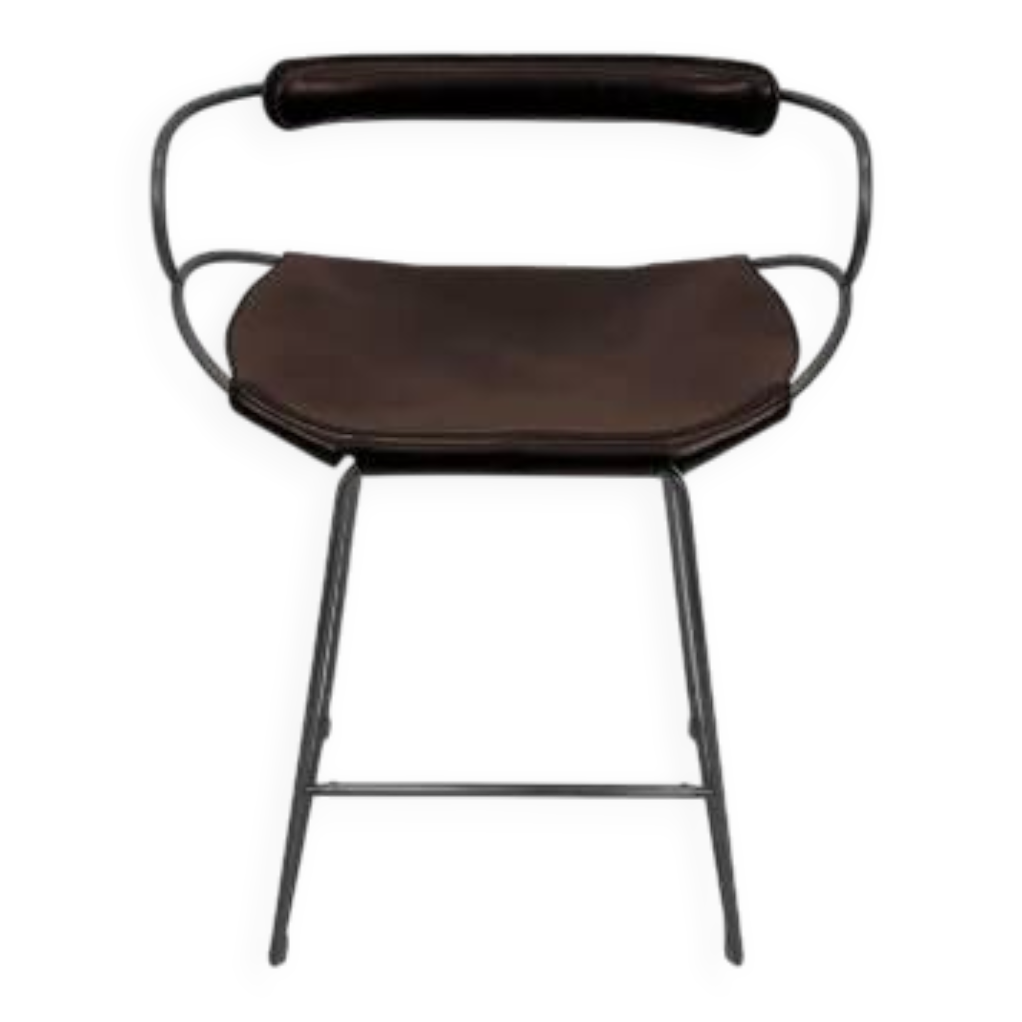 Bar stool with backrest, black smoked steel and dark brown saddle leather.