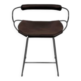Bar stool with backrest, black smoked steel and dark brown saddle leather.