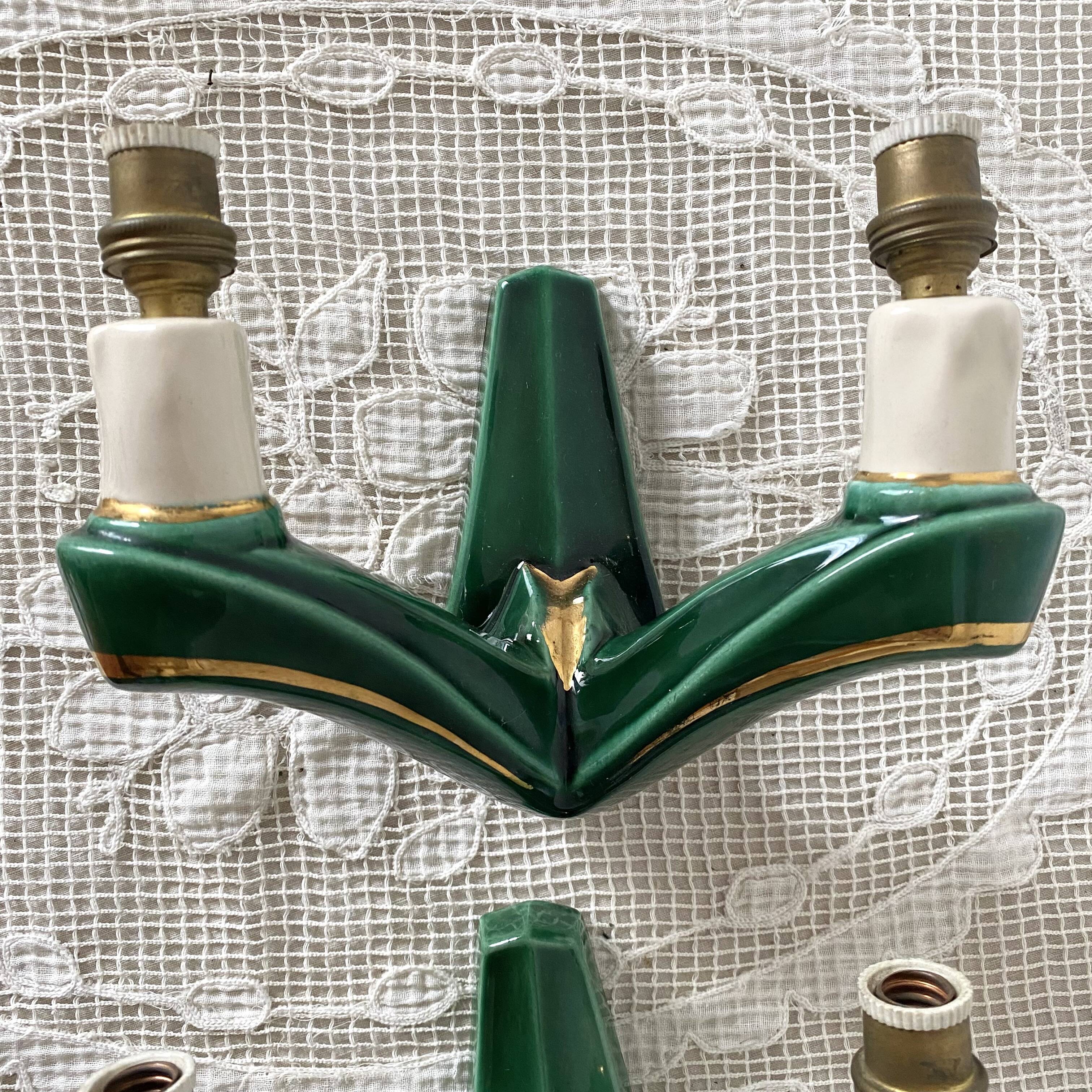 Pair of double art deco ceramic wall lights