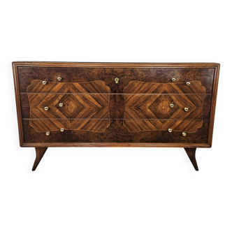 1950s chest of drawers with glass top, maple workmanship and brass knobs