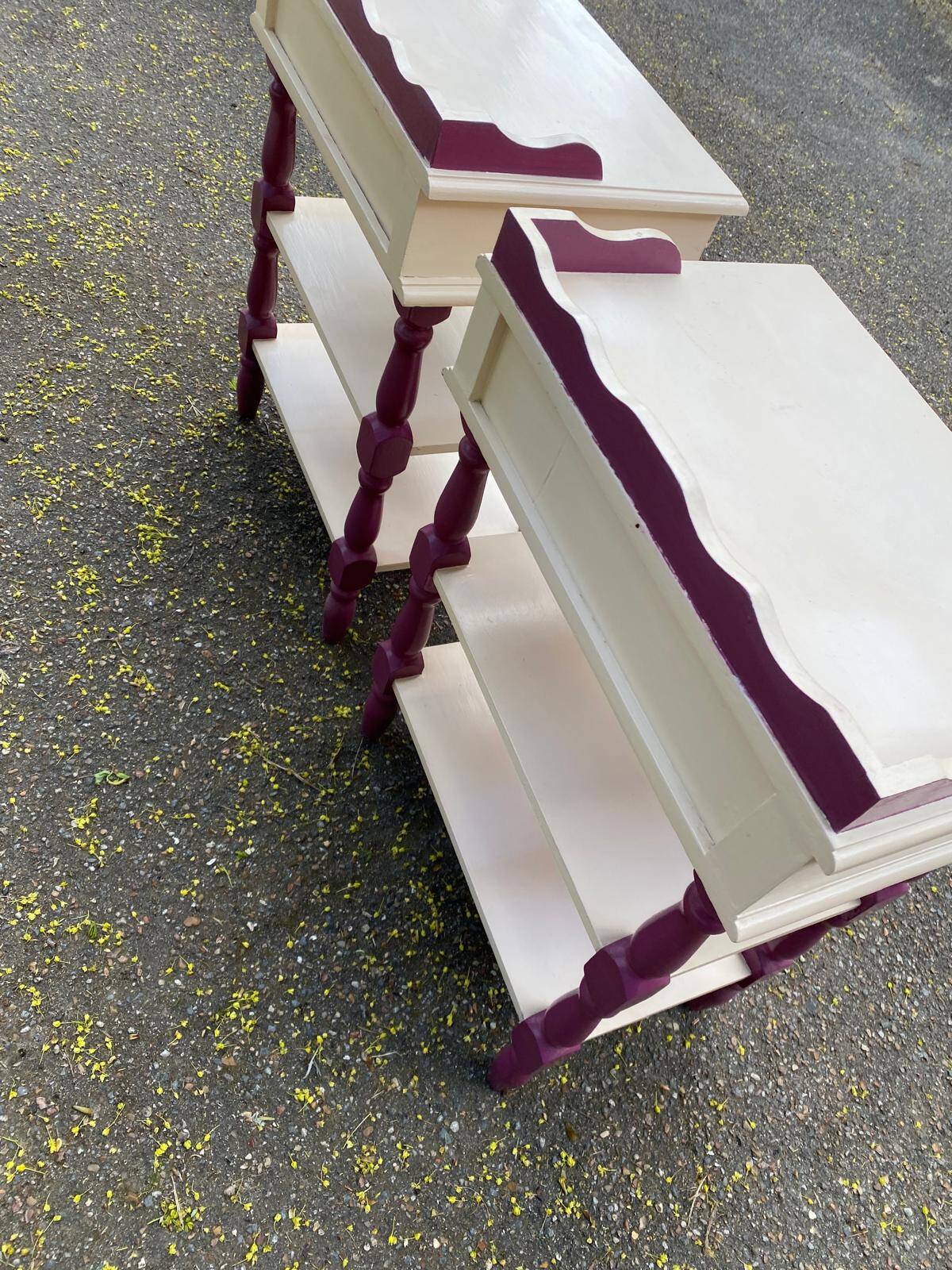 2 vintage bedside tables painted in white and purple with a drawer.