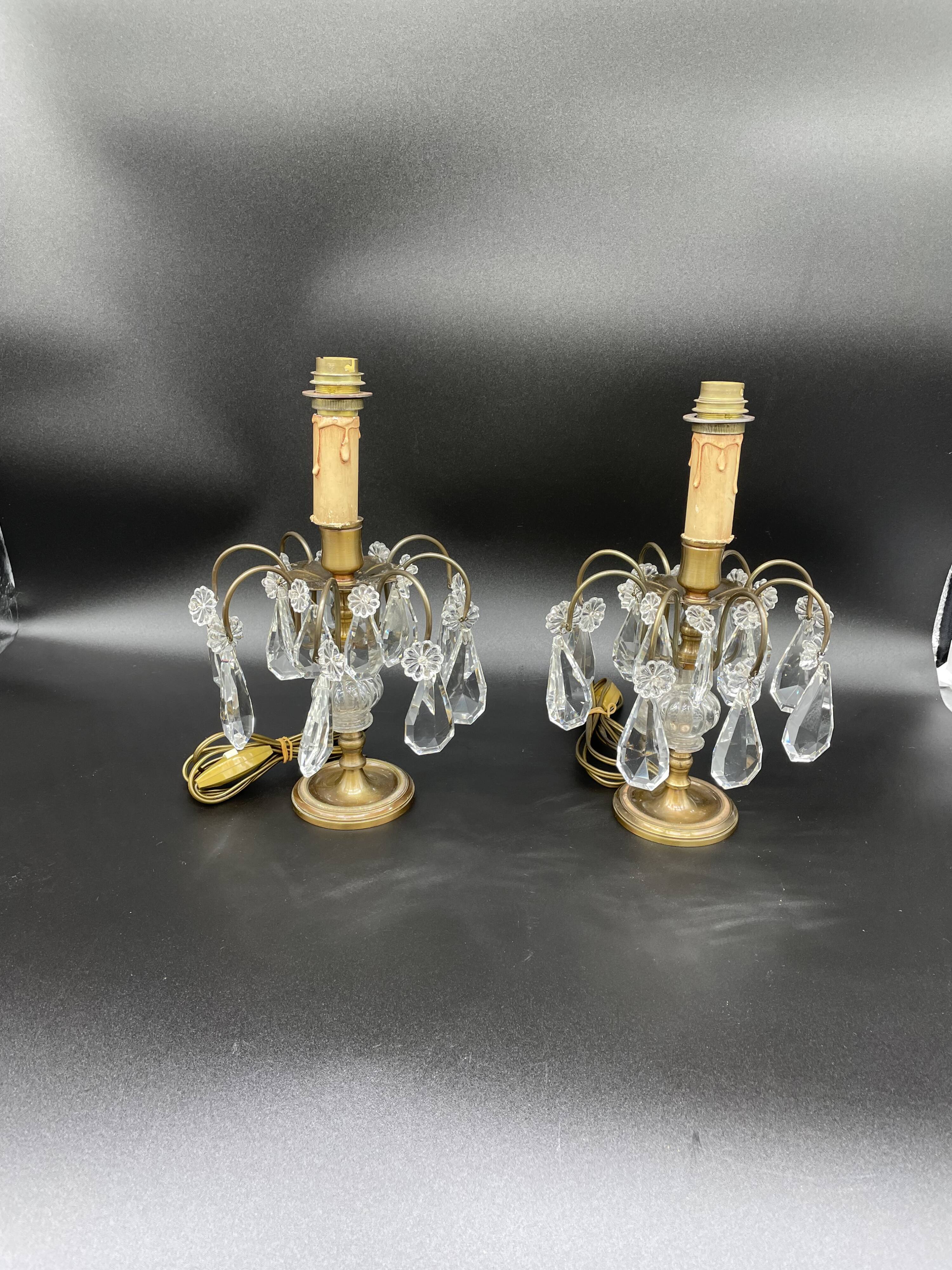 Antique, pair girandoles, candle holders, gilded brass, tassels, glass, drops, florets, 1 burner