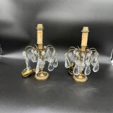 Antique, pair girandoles, candle holders, gilded brass, tassels, glass, drops, florets, 1 burner