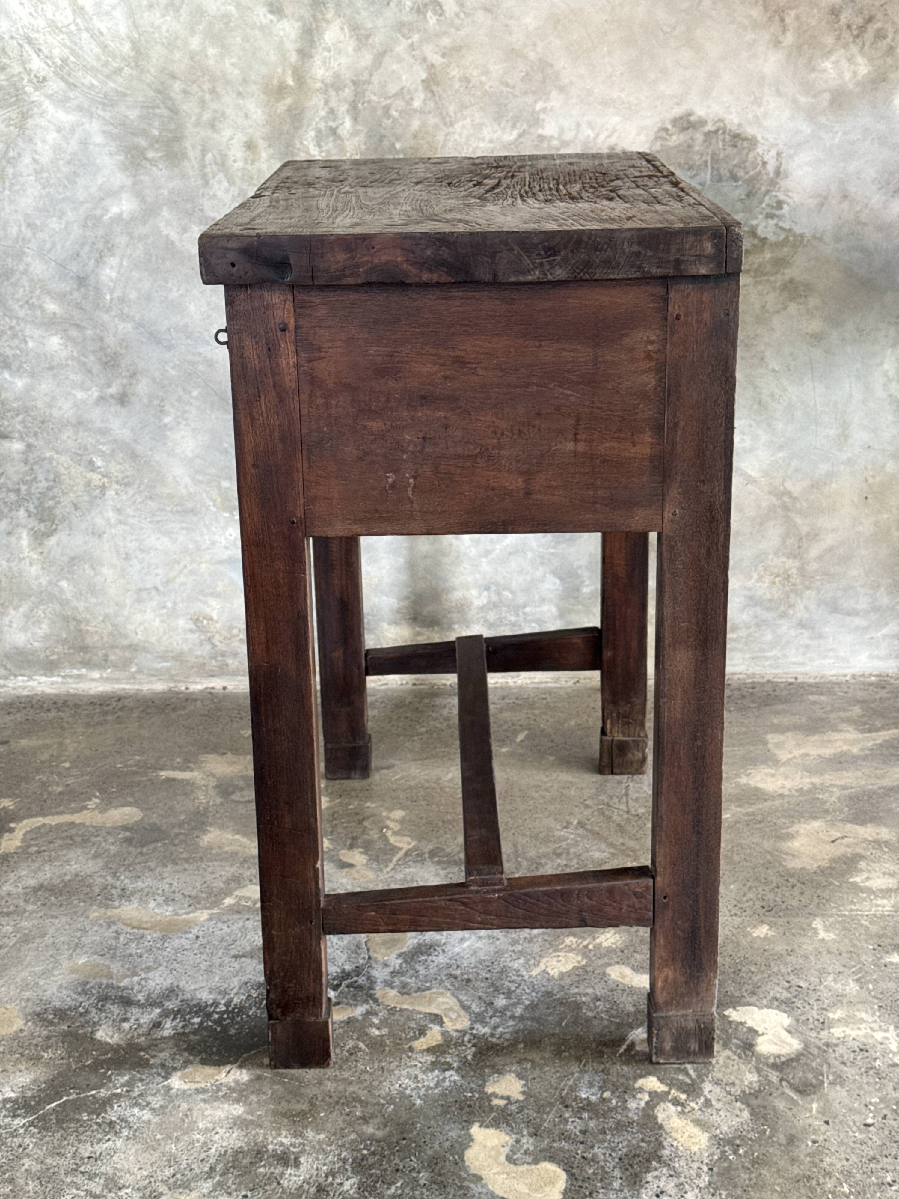 Antique Indonesian teak workbench with two drawers and stretcher H89.