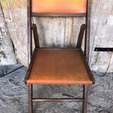 Chaise Pliante Bois + Assise & Dossier Skaï Orange Vintage