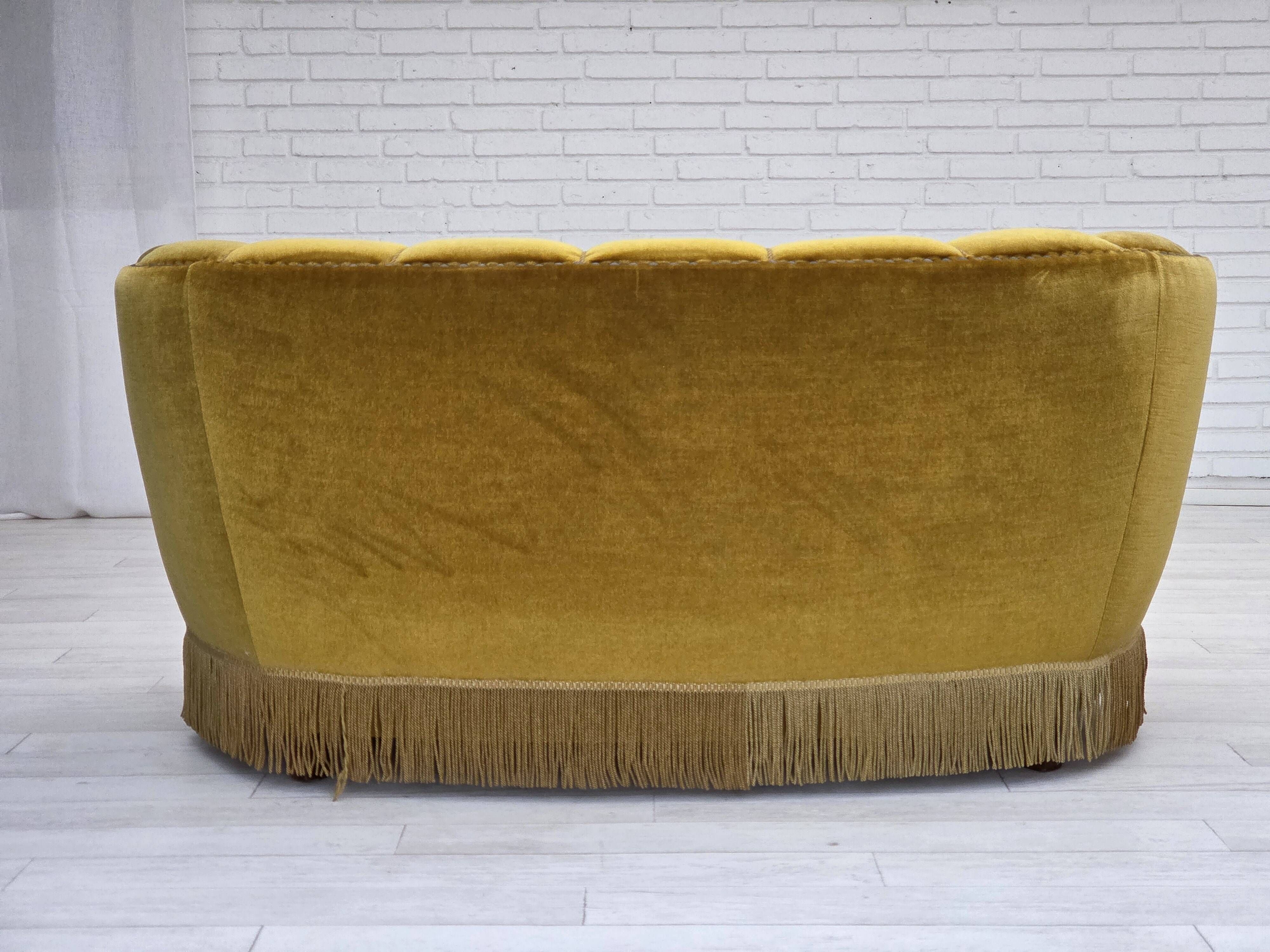 1960s, Danish 2-seater "Banan" sofa, green furniture velour, oak wood.