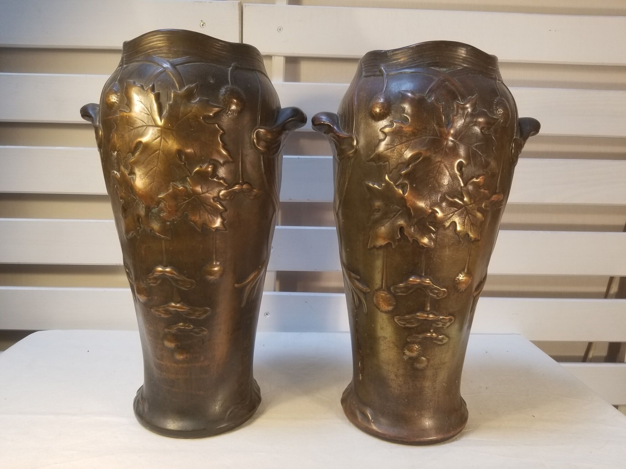 Pair of Art Nouveau baluster vases in copper earthenware by Gustave de Bruyn