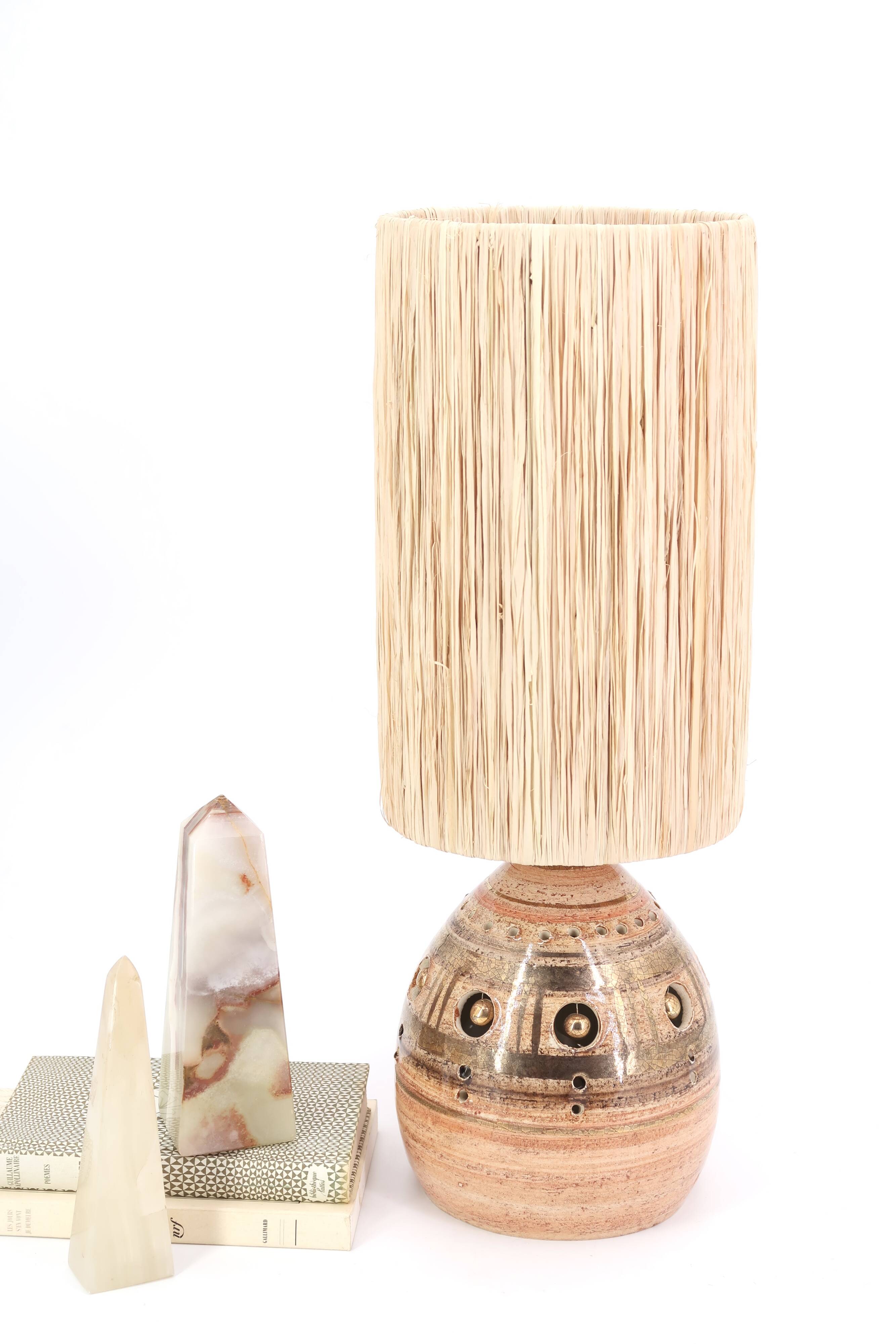 Ceramic lamp by Georges Pelletier, raffia lampshade