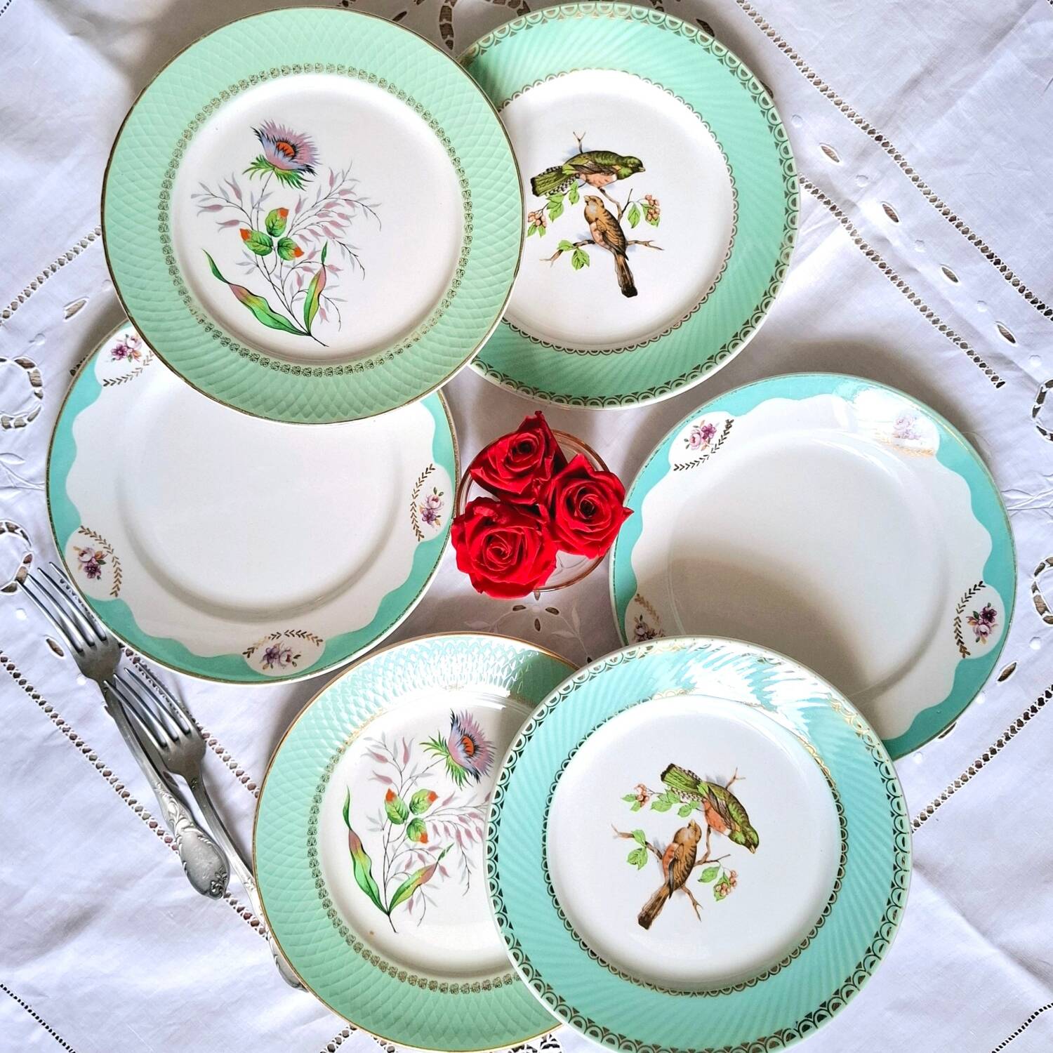Old mismatched earthenware dinner plates