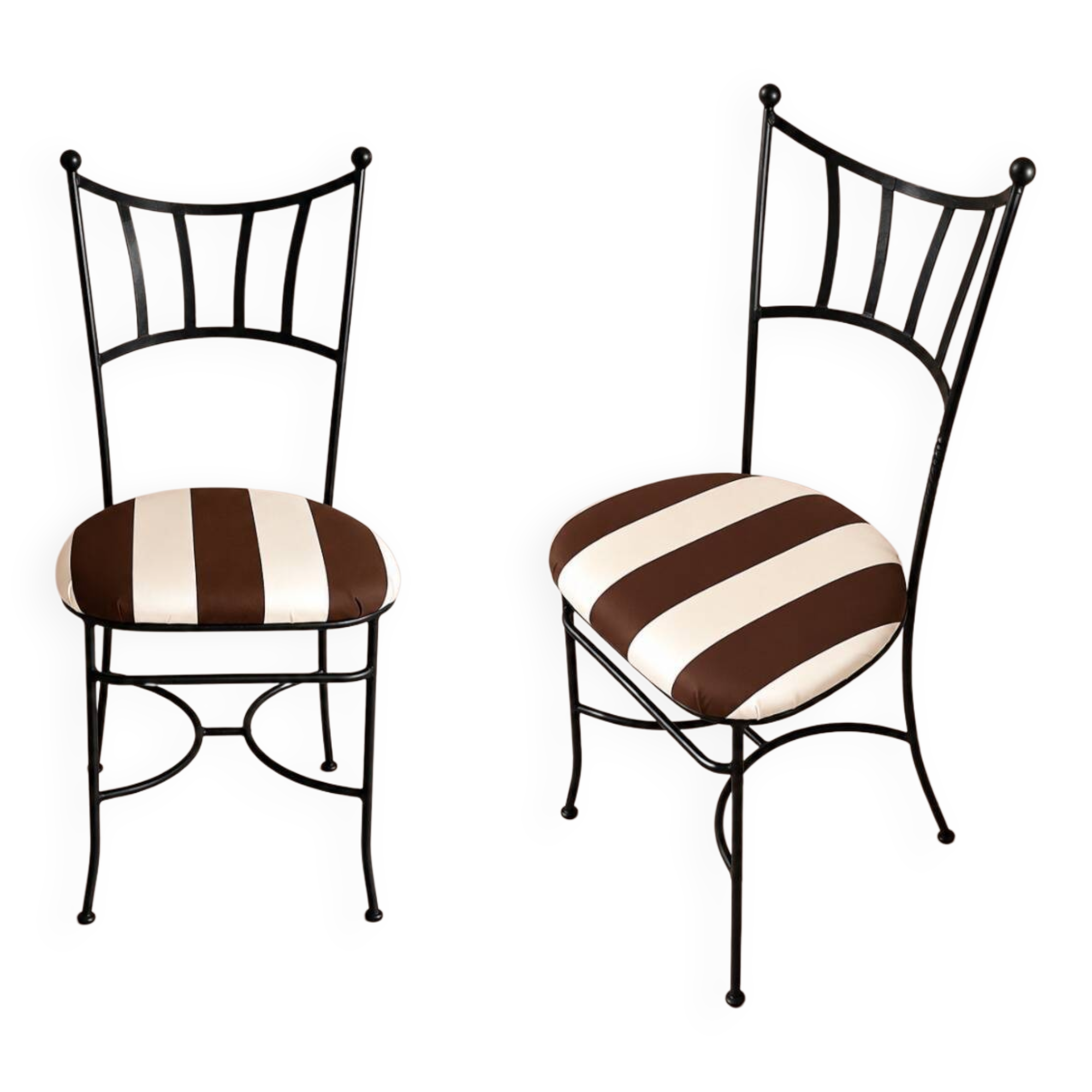6 wrought iron chairs with deck chair fabric