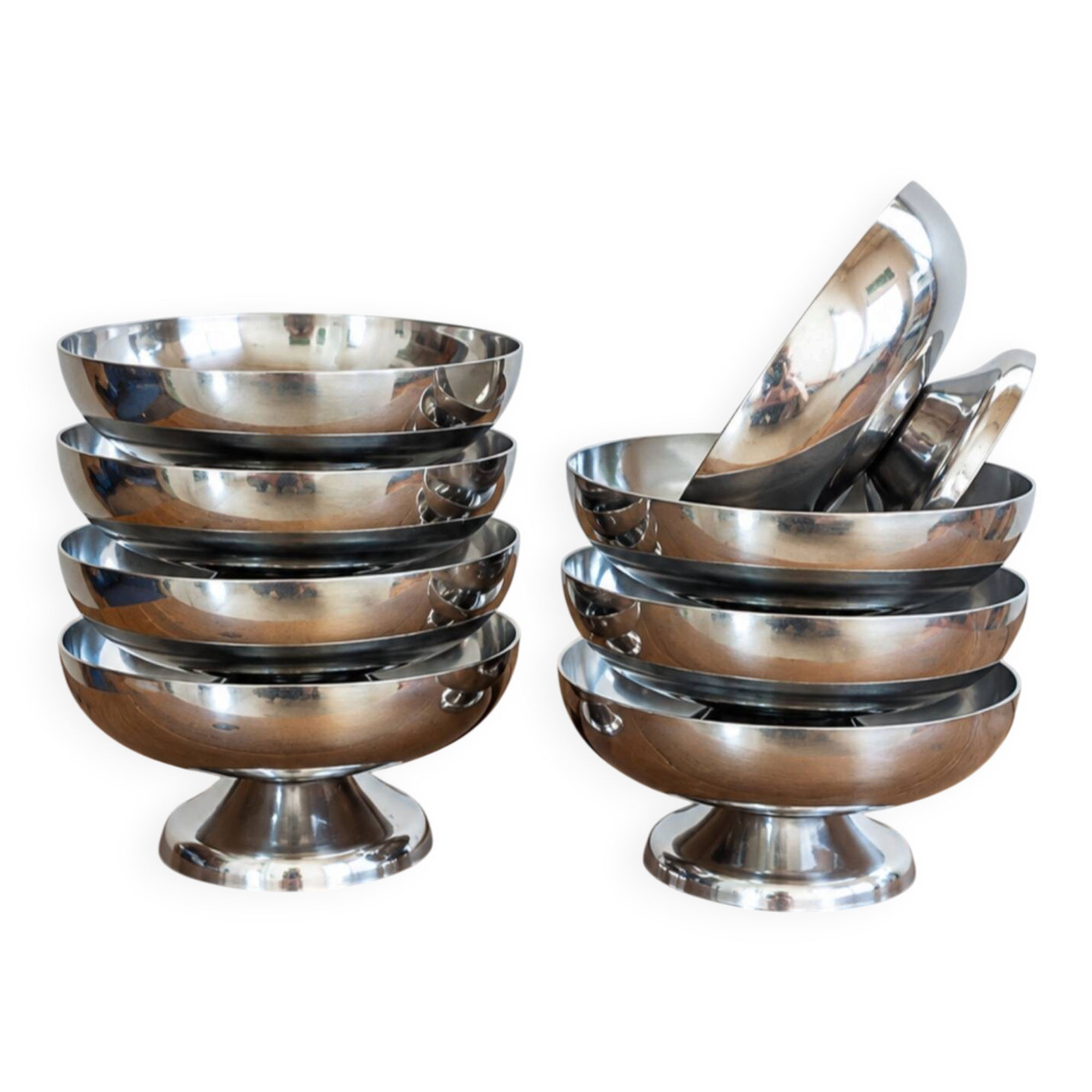 Suite de 8 coupes à glace, à dessert • Inox • Vintage 