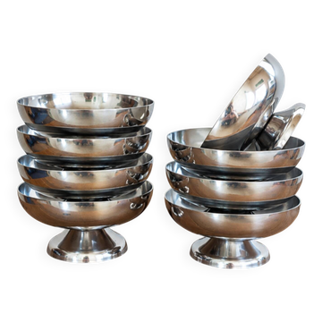 Set of 8 ice cream and dessert bowls • Stainless steel • Vintage
