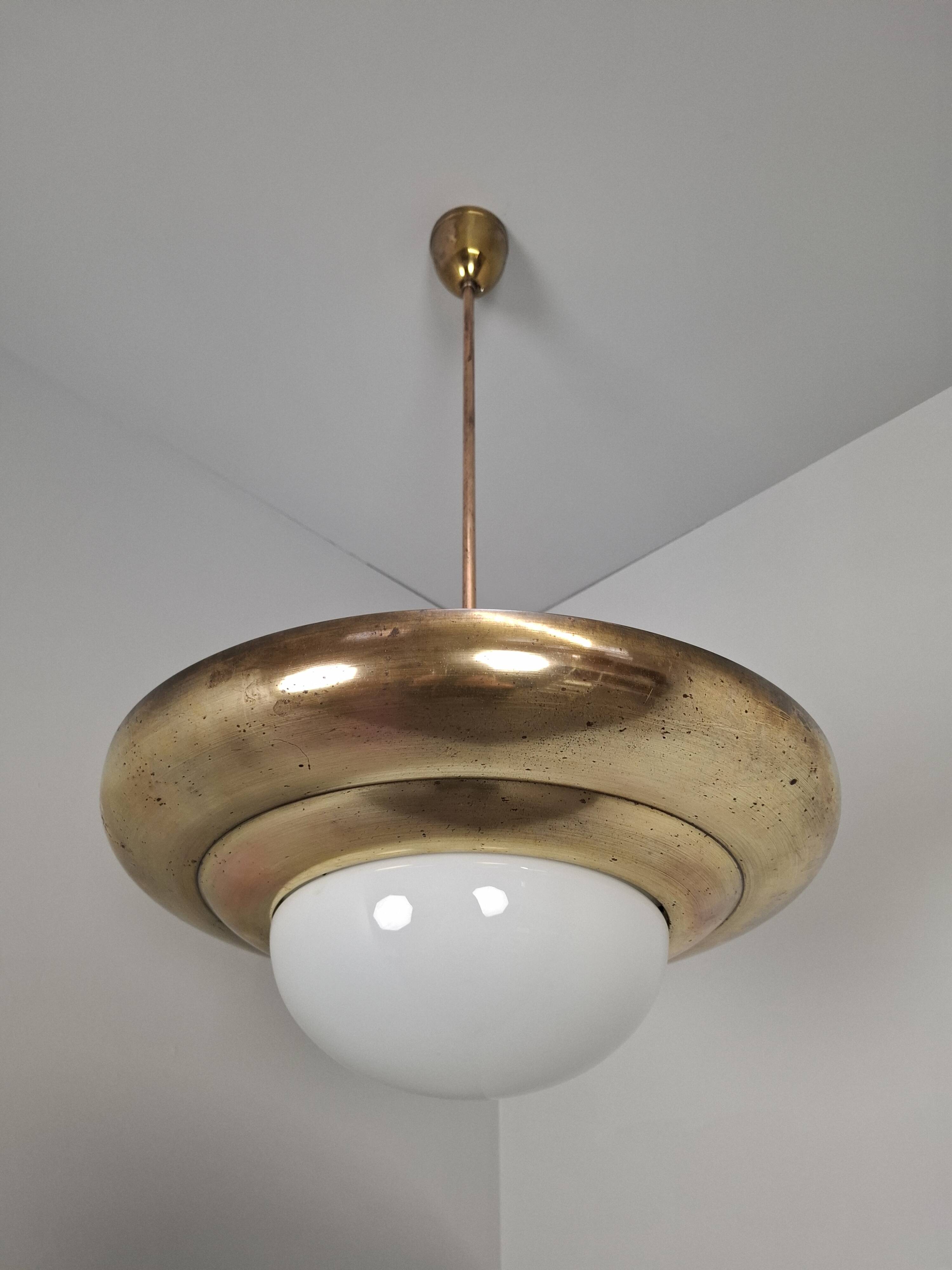 1920 Czechoslovak Art Deco Brass and Opaline Glass Pendant Lamp, Napako 134