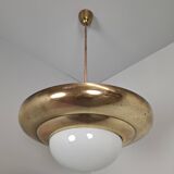 1920 Czechoslovak Art Deco Brass and Opaline Glass Pendant Lamp, Napako 134