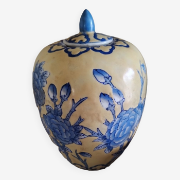Ceramic lidded pot with blue lotus decoration