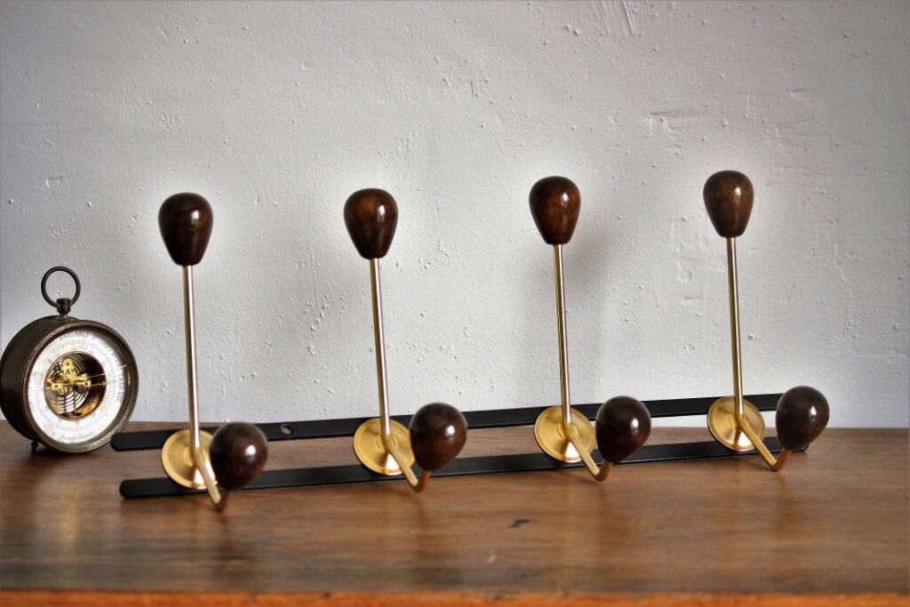 Coat rack varnished wood and gold metal