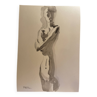 Signed monochrome watercolor painting of a female portrait "play of light"