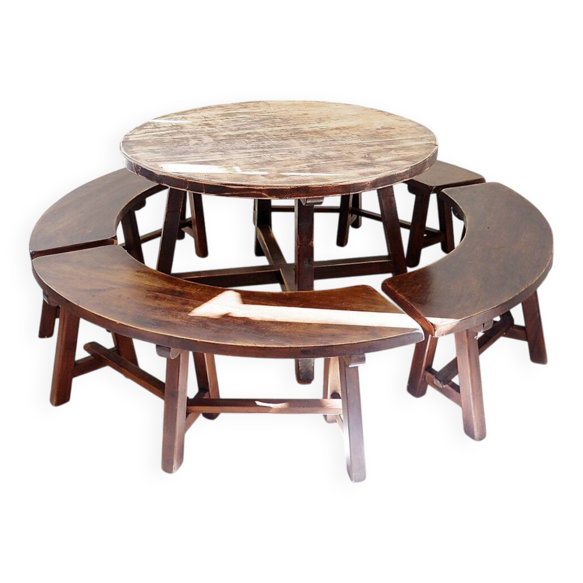Round Table with 4 Curved Benches, France 1960s