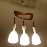 Scandinavian pendant lamp vintage, teak and opaline glasses, 50s