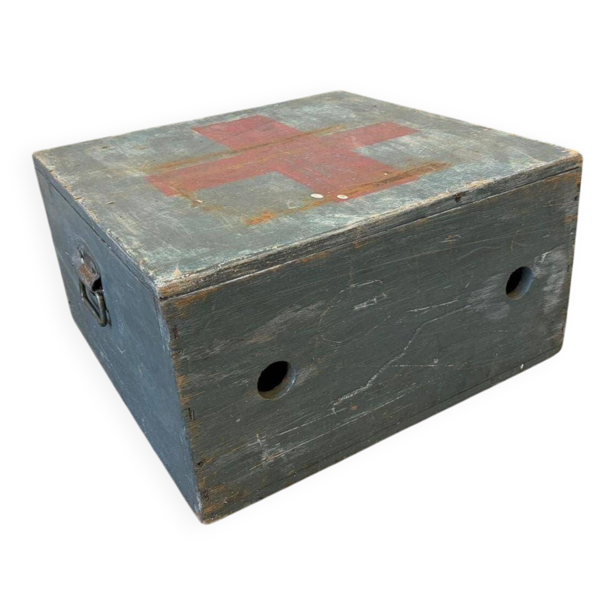 Vintage grey wooden chest with red cross 'first aid'