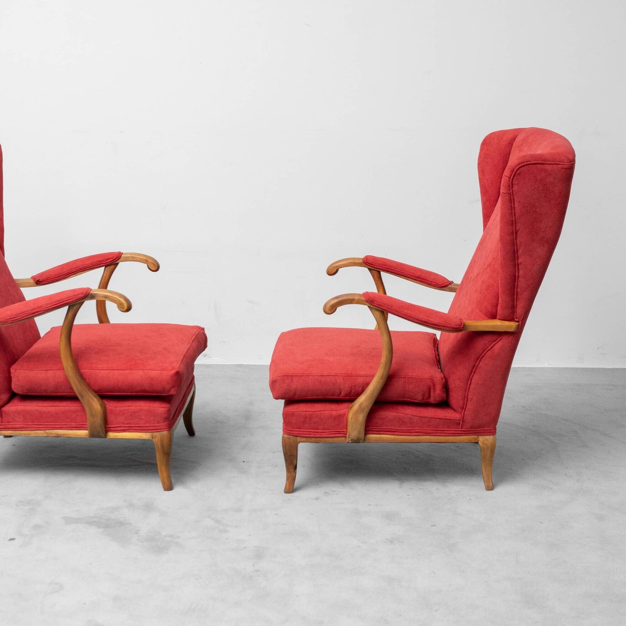 Pair of vintage armchairs attributed to Paolo Buffa in red fabric from the 1950s.