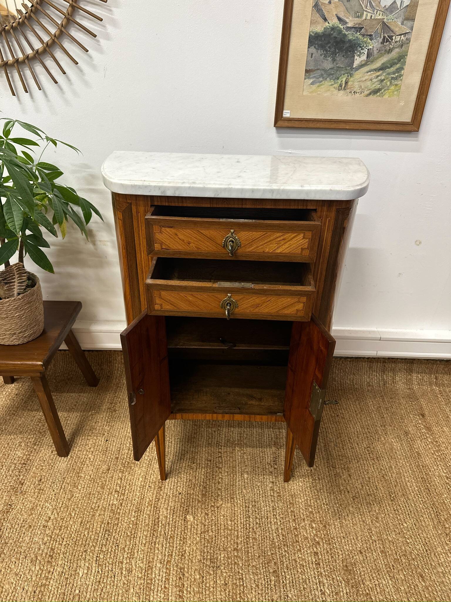 Small half-moon chest of drawers in Louis XVI style – marquetry and marble top