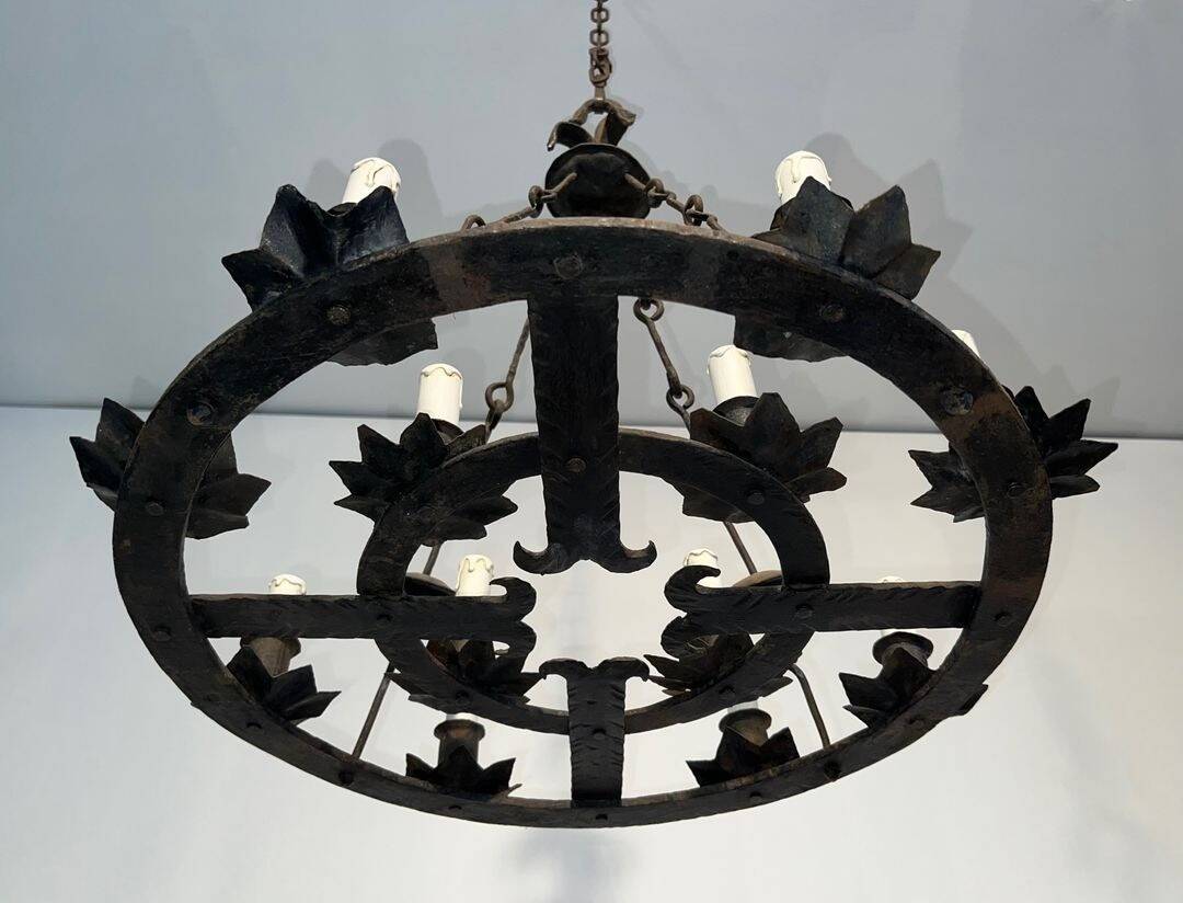 Wrought Iron Chandelier, 12 Lights, Gothic Style, French Work, circa 1