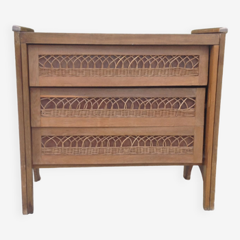 Vintage oak and rattan chest of drawers