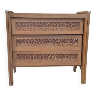 Vintage oak and rattan chest of drawers