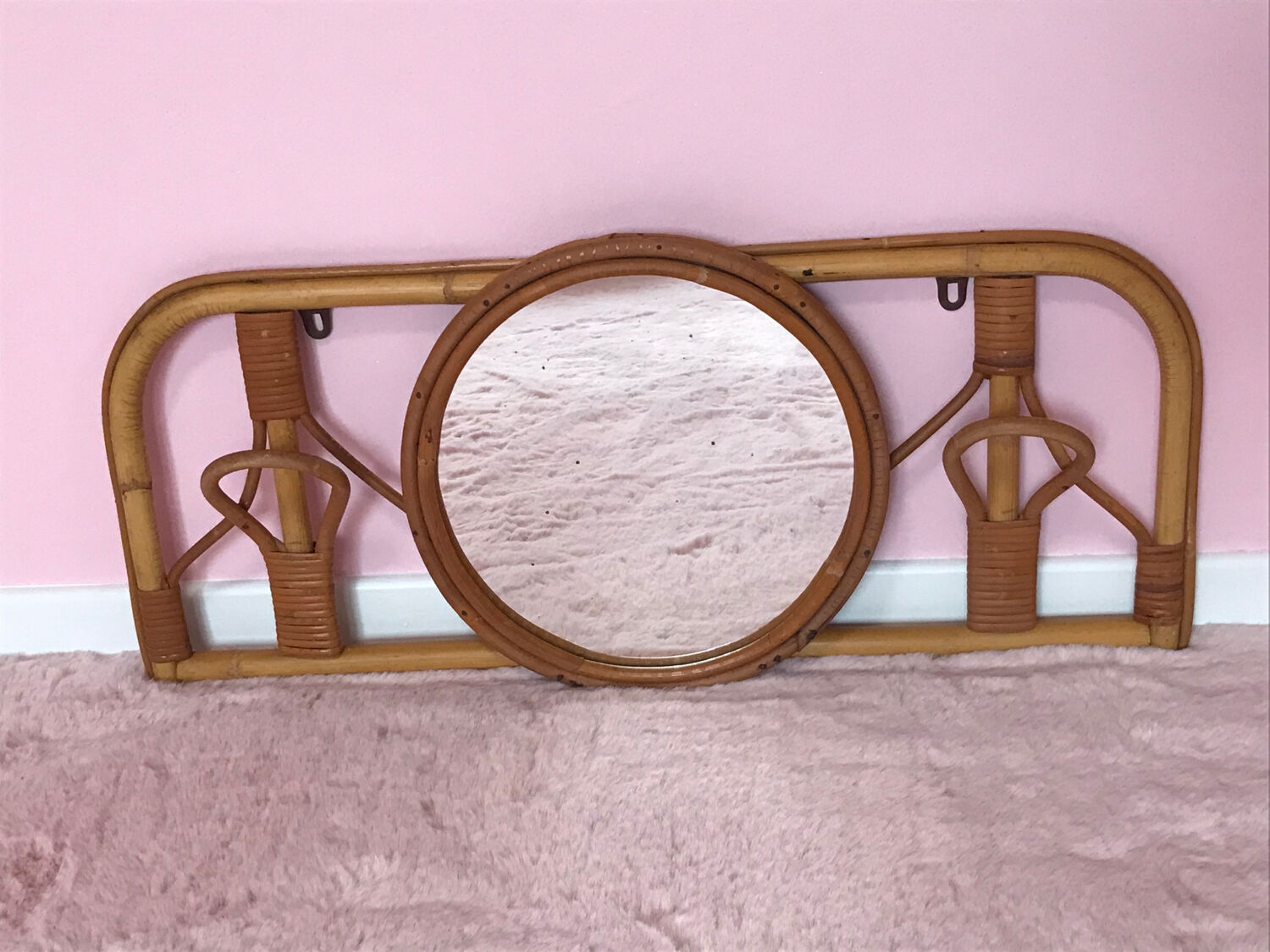 Rattan coat rack and vintage mirror