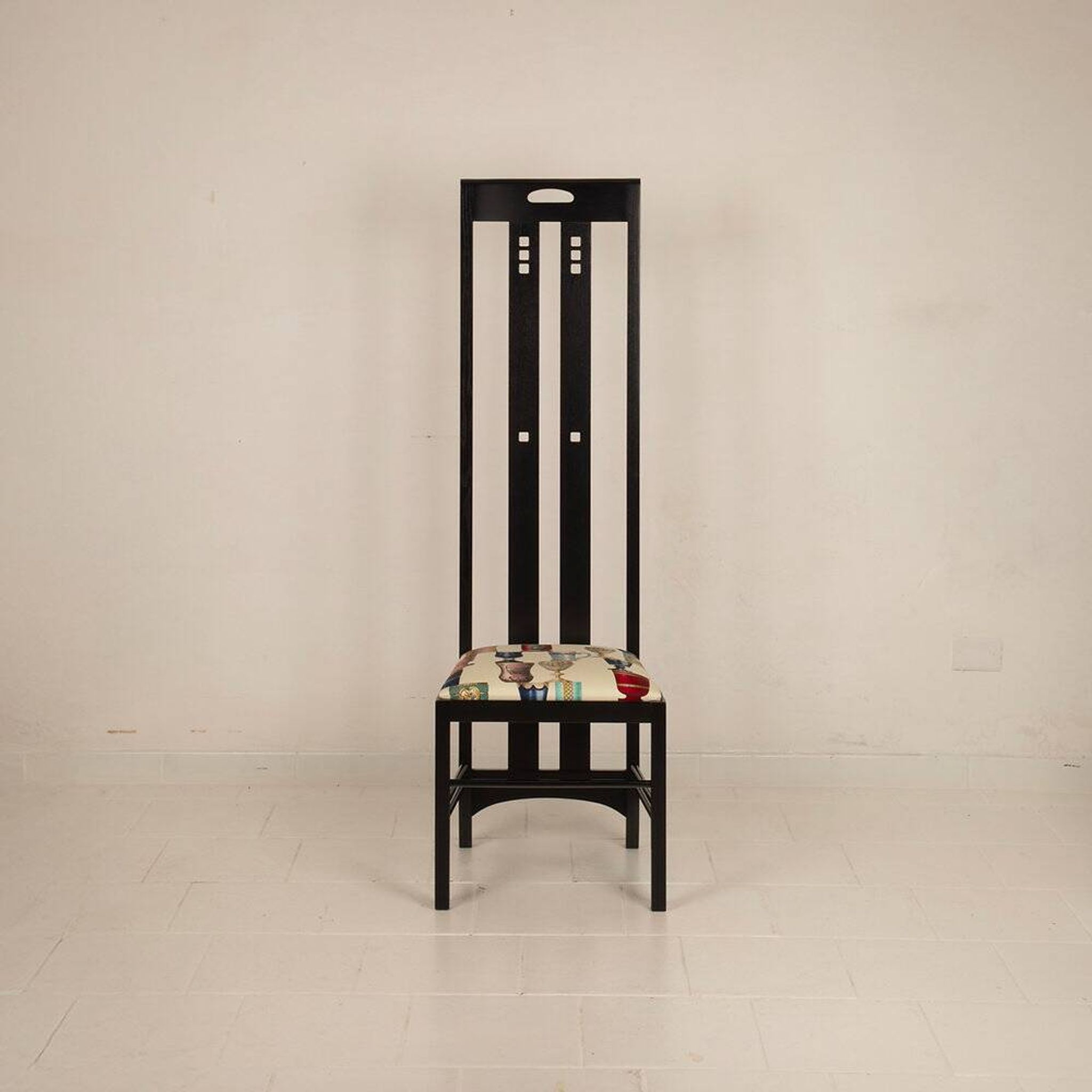 High Ingram chair by Charles R. Mackintosh for Alivar with Fornasetti fabric