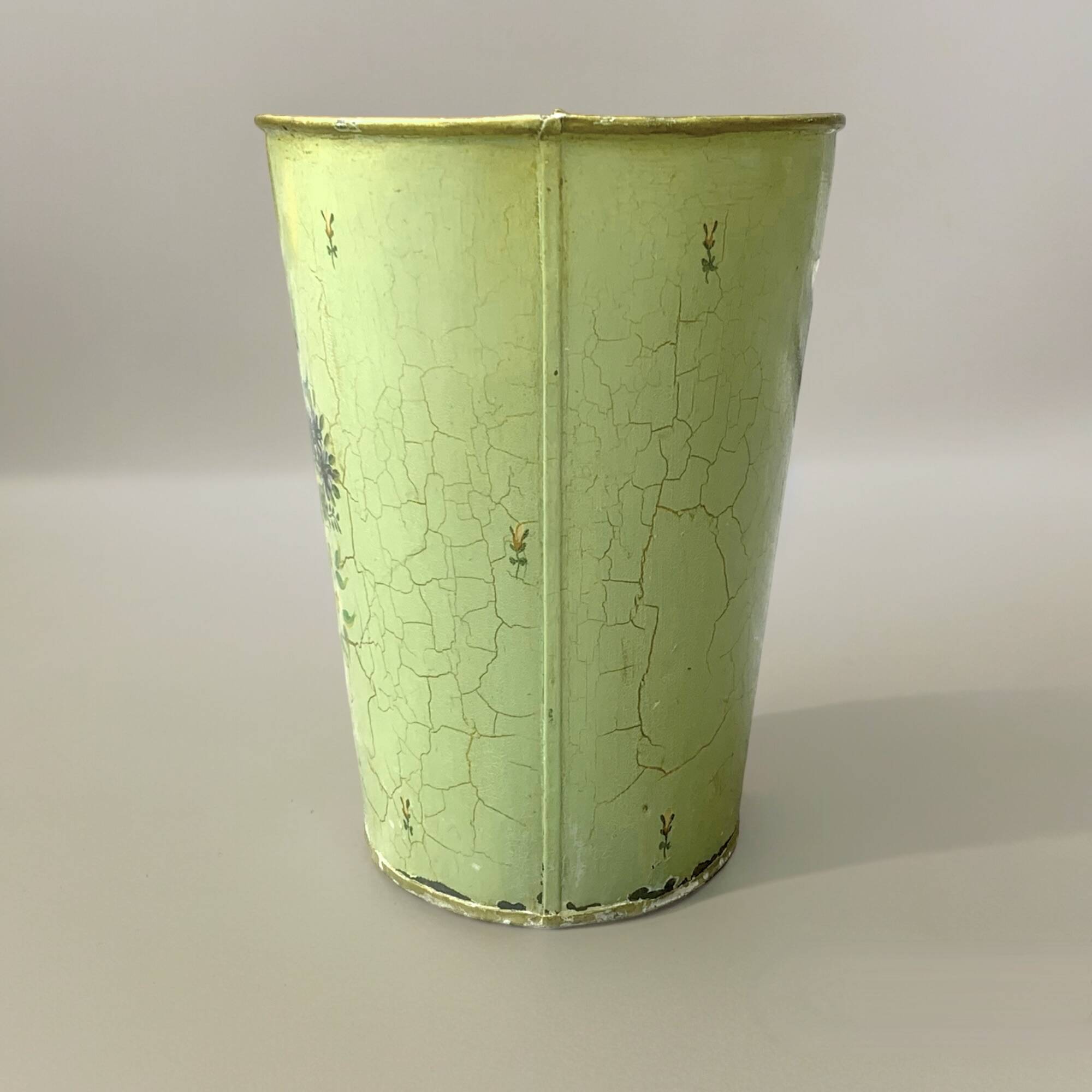 Vintage enameled sheet metal wastebasket - floral decor