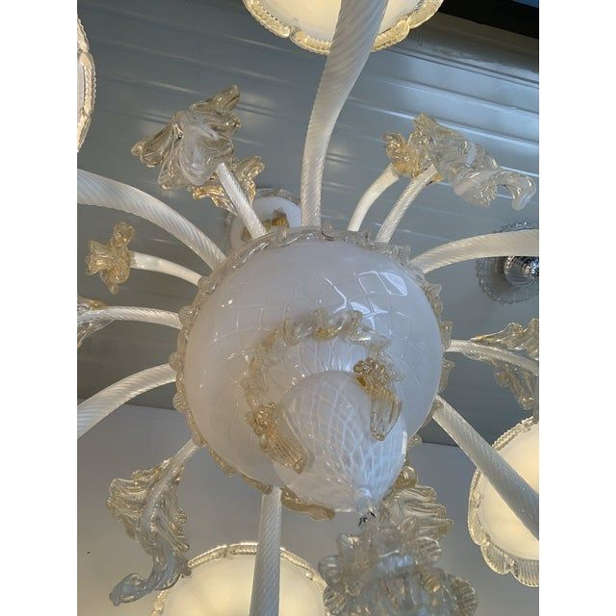 Milky and Gold Murano Glass Chandelier With Flowers and Leaves