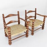 Set of Oak and Rush Bobbin Armchairs Charles Dudouyt style , 1940s