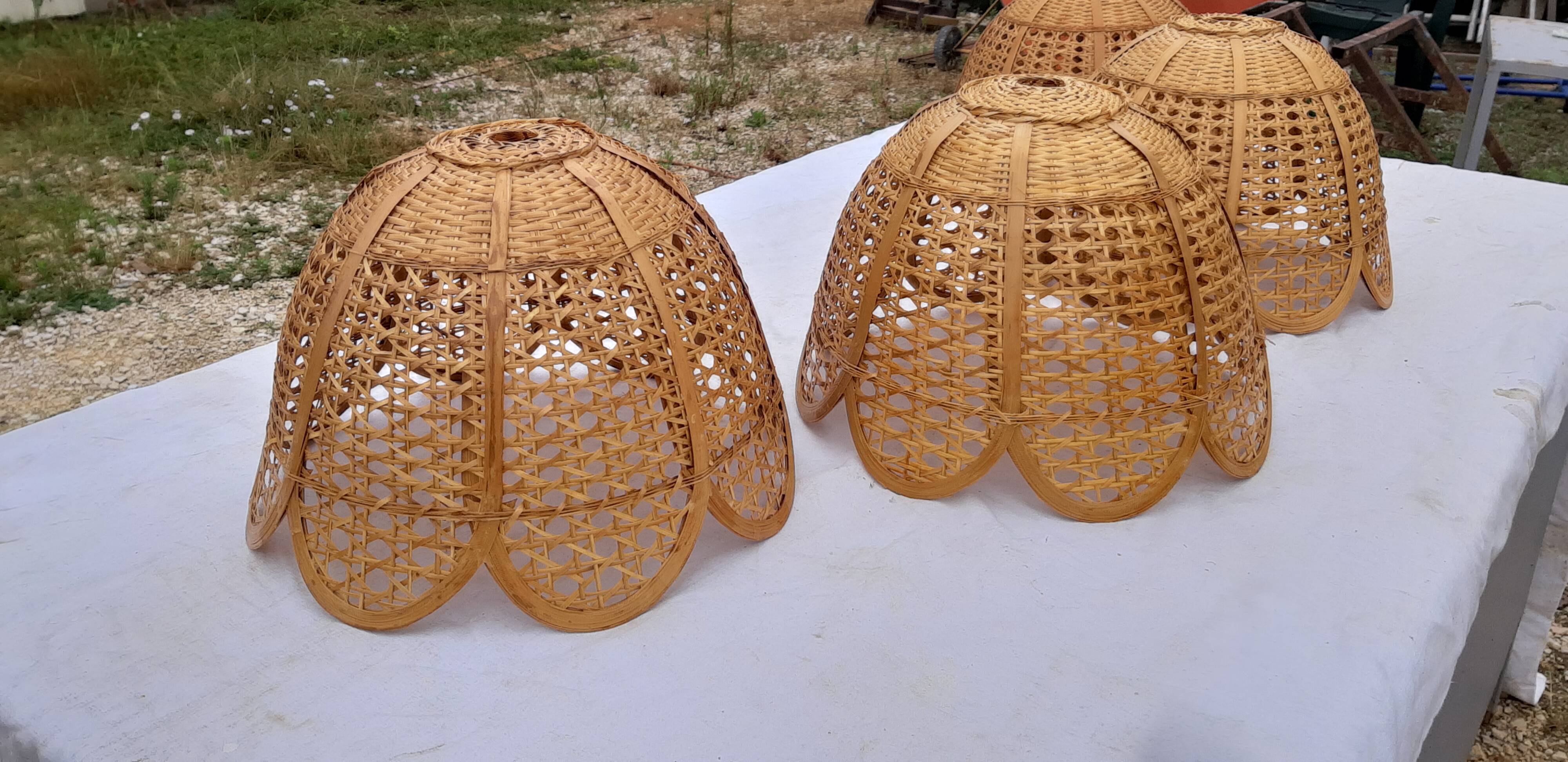 Set of 4 vintage wicker pendant lamps