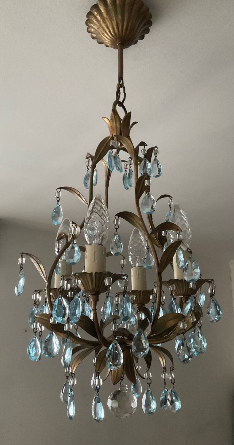 Antique Italian chandelier with cage and blue tassels