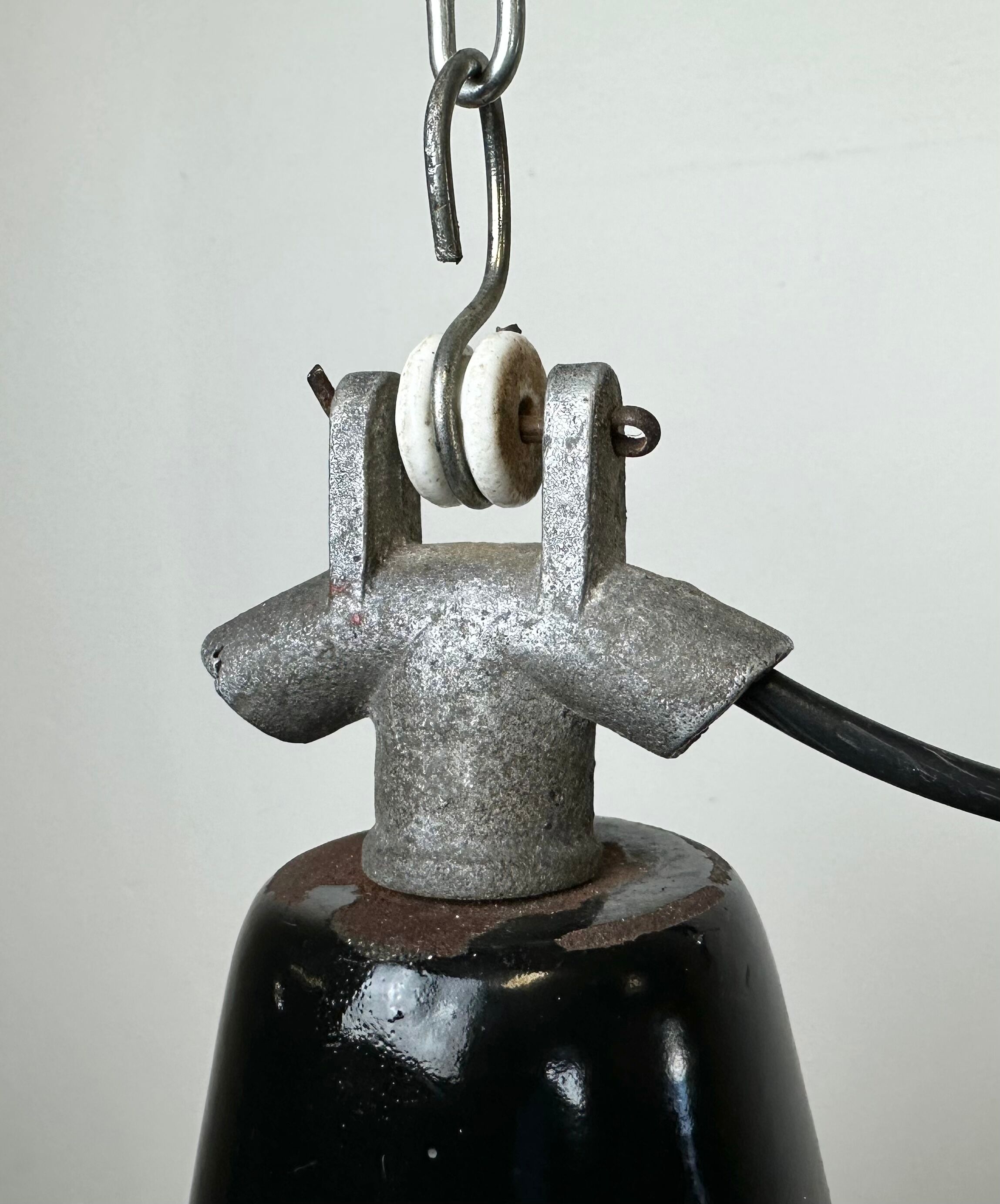 Industrial Black Enamel Factory Lamp with Cast Iron Top, 1960s