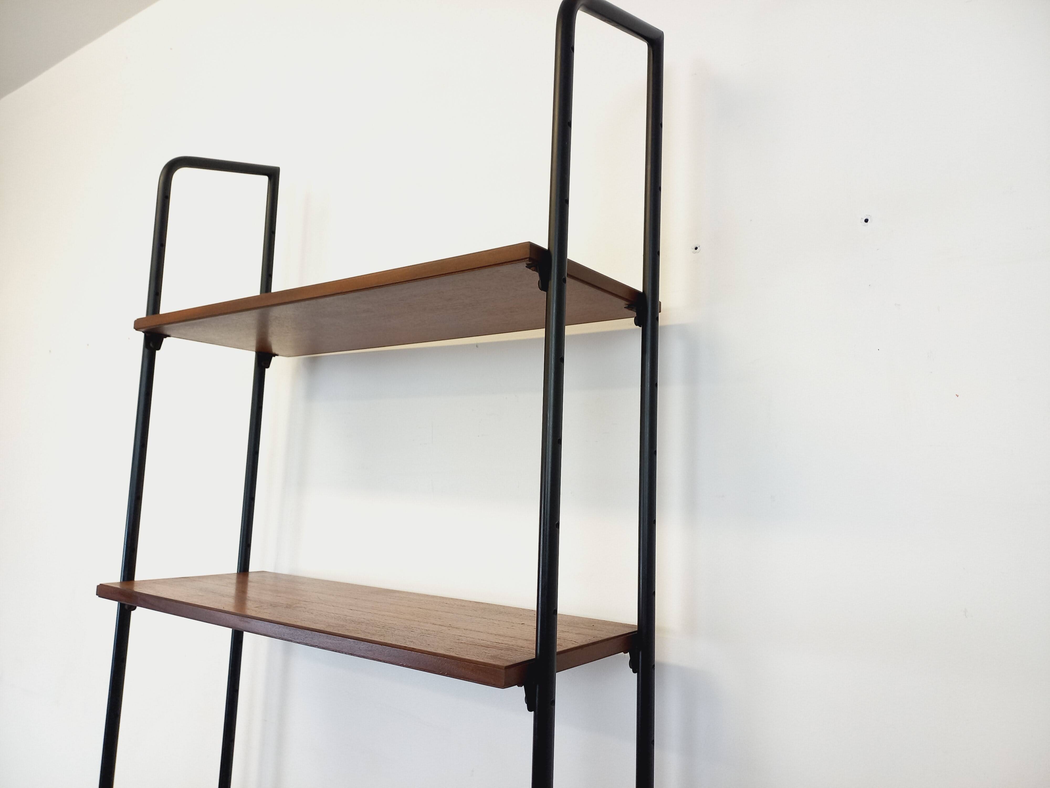 Vintage Italian modular shelving unit in teak and metal from the 1970s