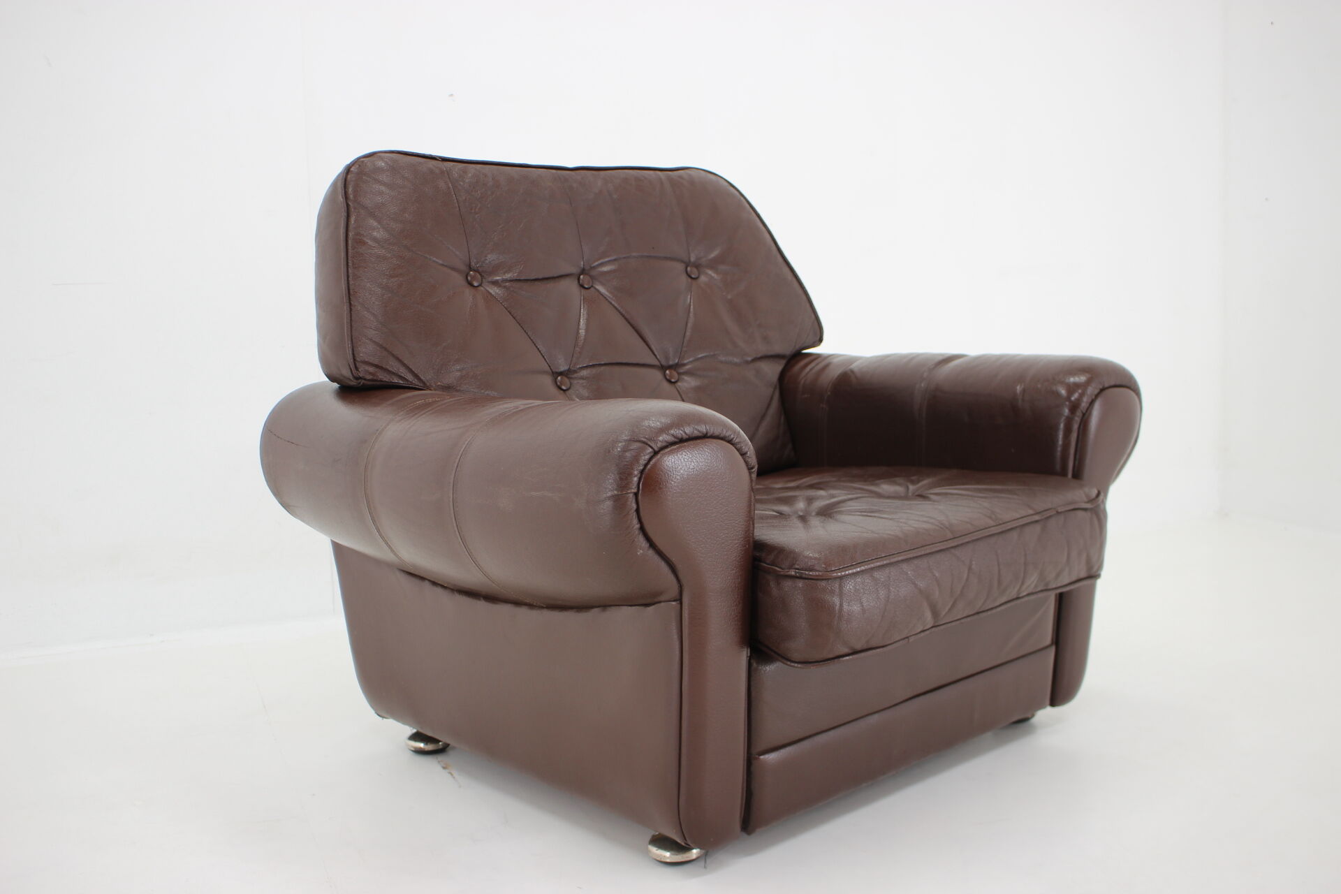 Fauteuil en cuir brun danois des années 1970, Danemark