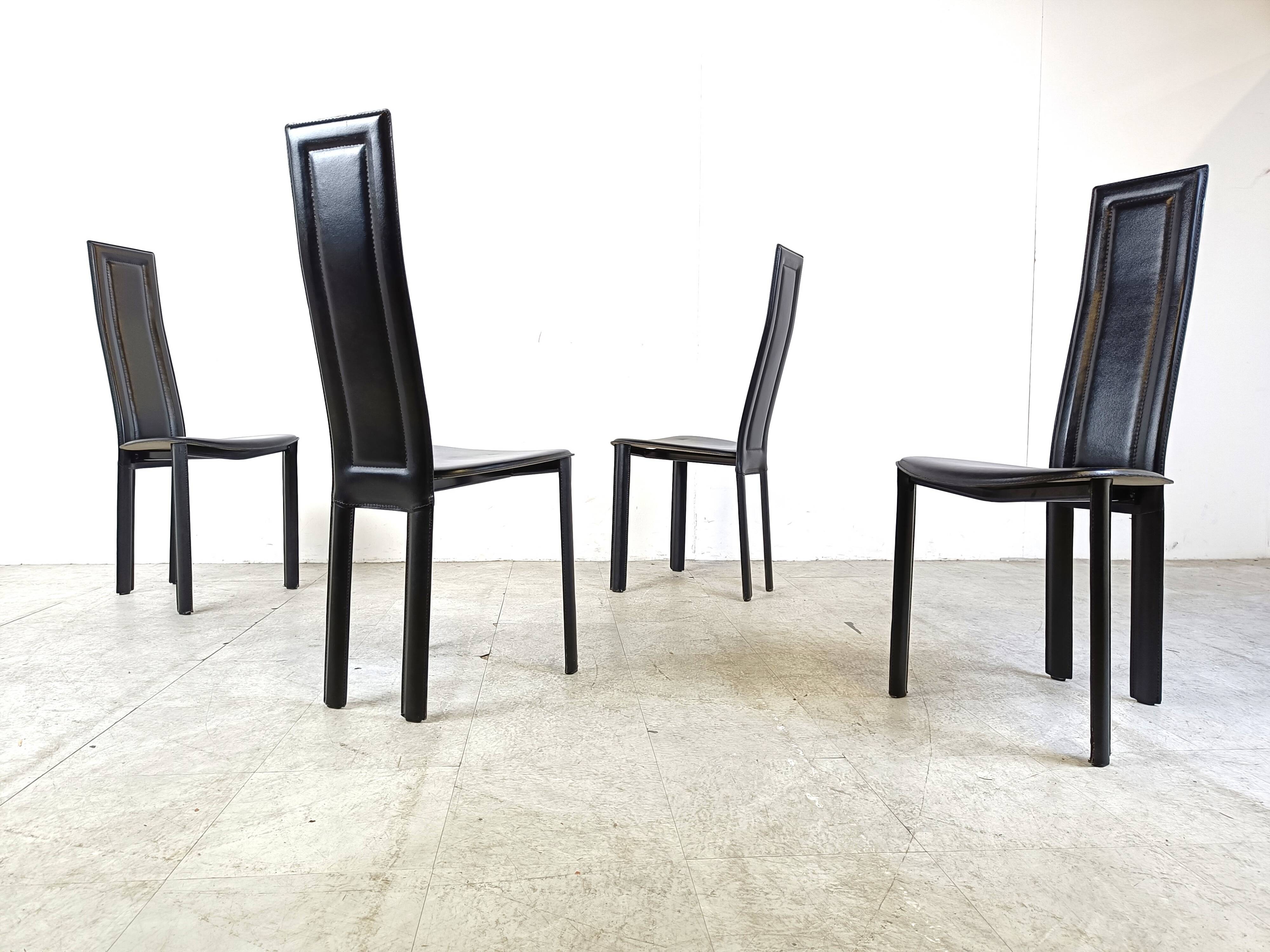 Vintage black leather dining chairs, set of 4, 1980s