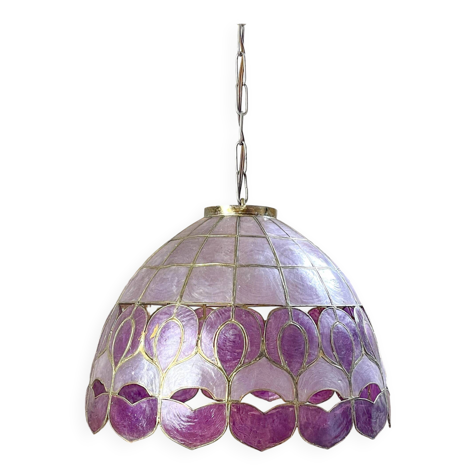 Vintage two-tone purple capiz mother-of-pearl and brass pendant light – art deco style chandelier