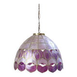 Vintage two-tone purple capiz mother-of-pearl and brass pendant light – art deco style chandelier