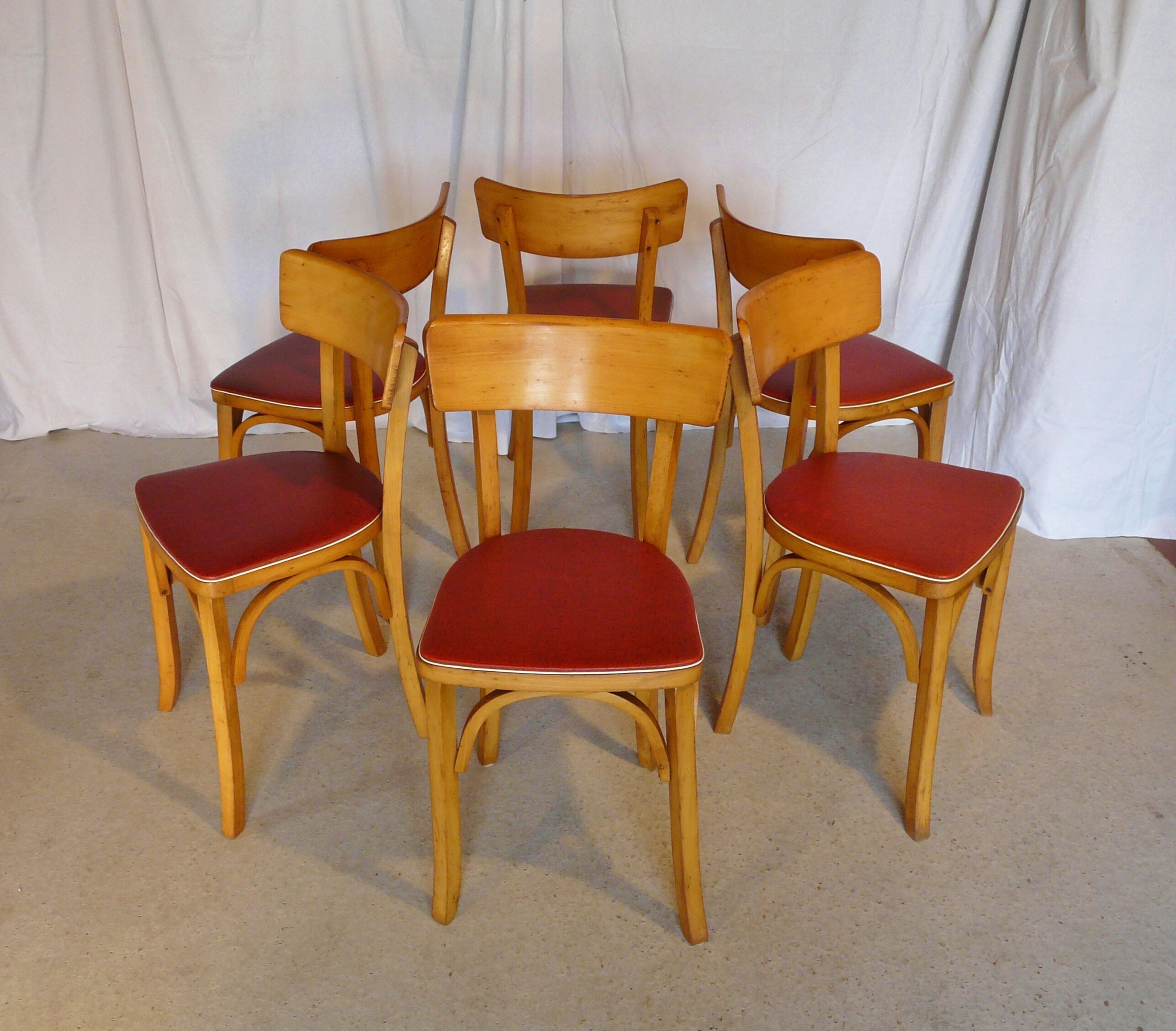 Six vintage Baumann bistro chairs in blond wood