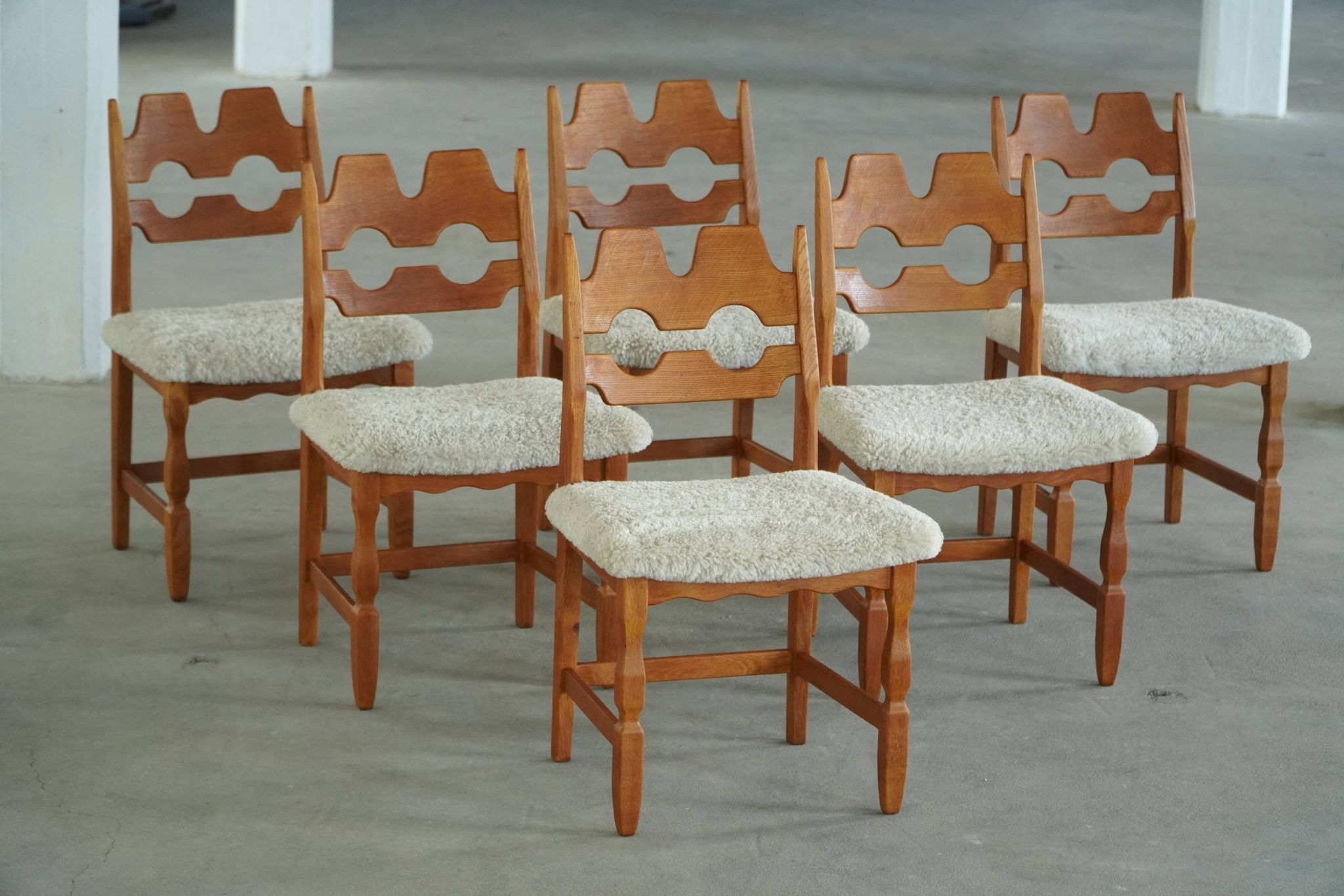 Set of 6 "Razorblade" chairs by Henning Kjærnulf in Oak and Lambswool, 1960s