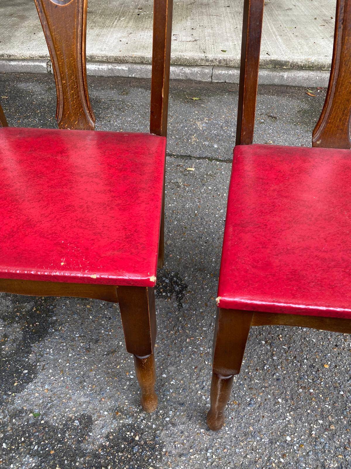 6 Art Deco dining chairs in solid wood and burgundy leather, 1950s