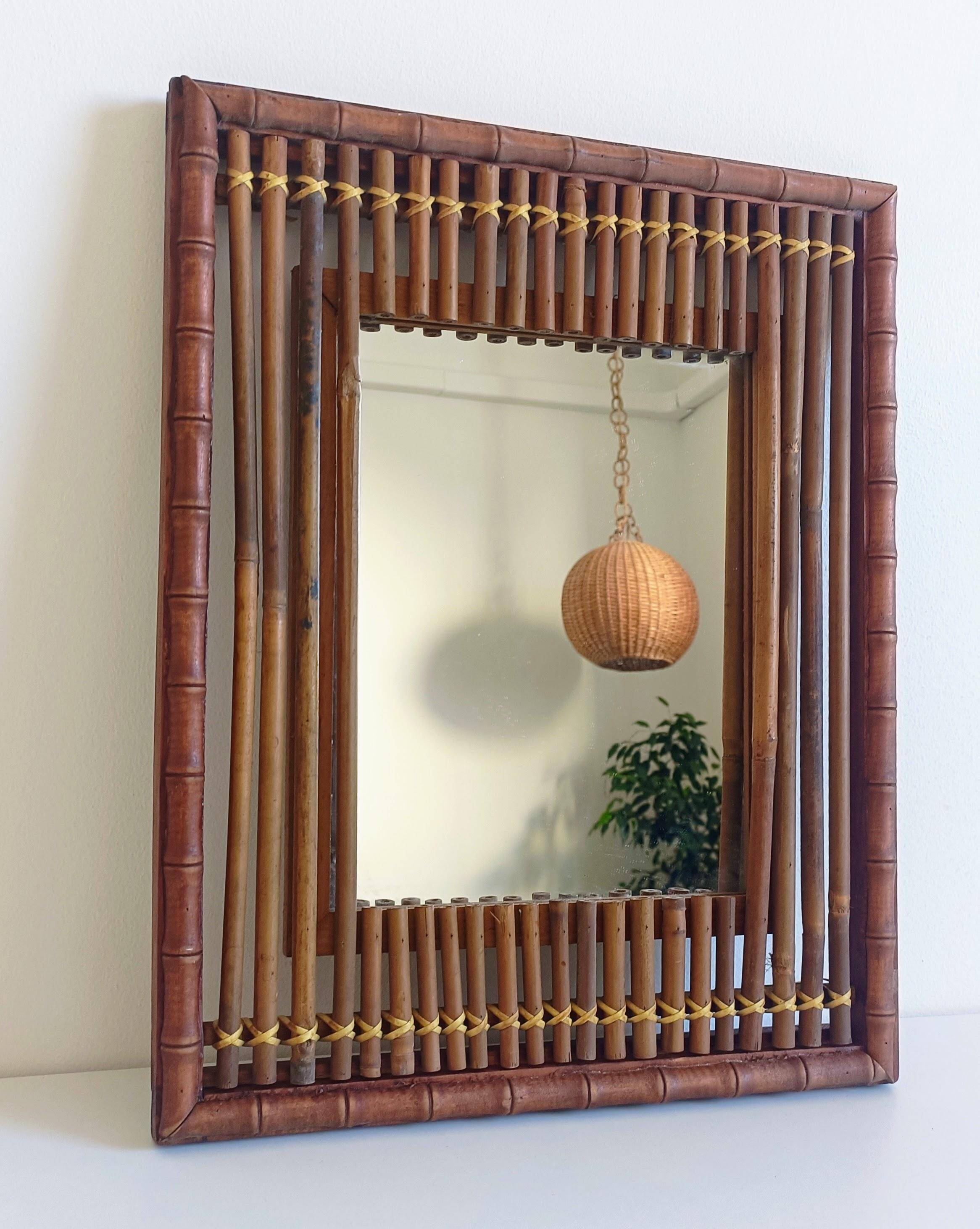 Antique French Art Deco Bamboo and Wood Wall Mirror, Early 20th Century