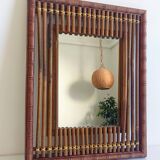 Antique French Art Deco Bamboo and Wood Wall Mirror, Early 20th Century