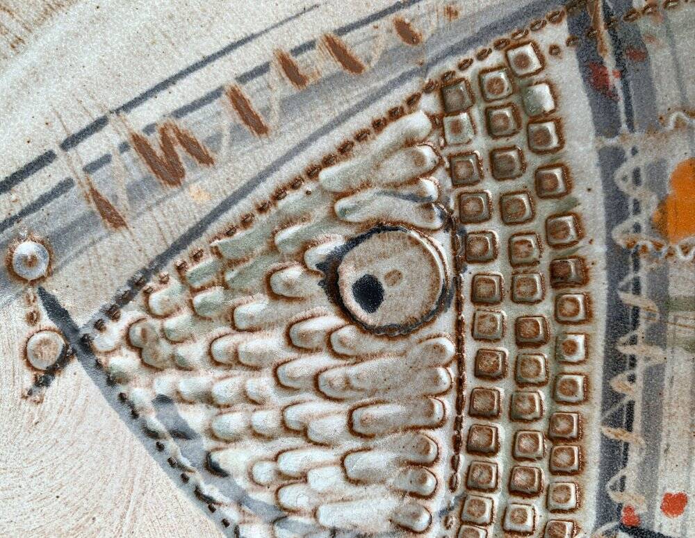 Large German ceramic plate with fish from the mid-century.